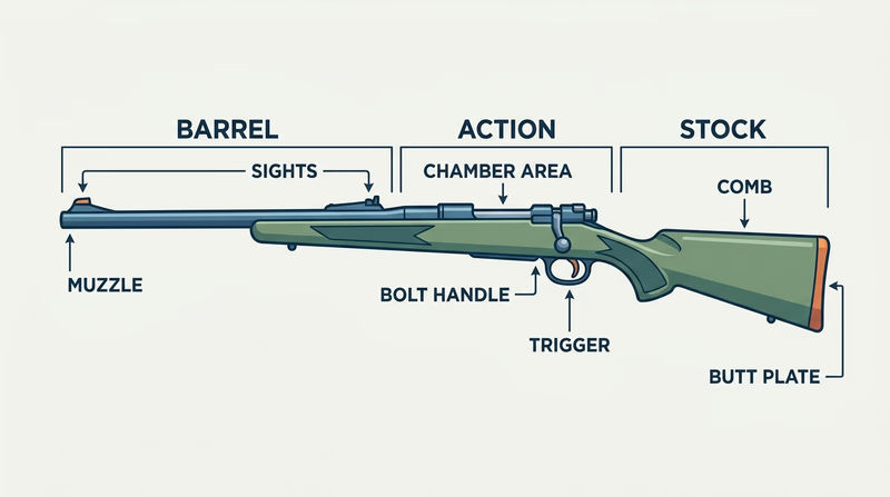 Labeled side-view diagram of a bolt-action rifle showing the stock, action, barrel, and key related parts