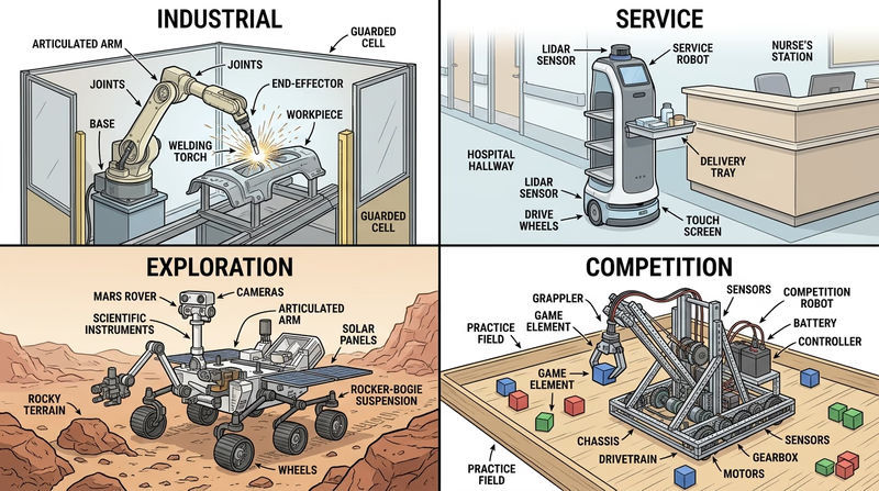 Four robotics scenes showing an industrial robot arm, hospital service robot, Mars rover, and student competition robot