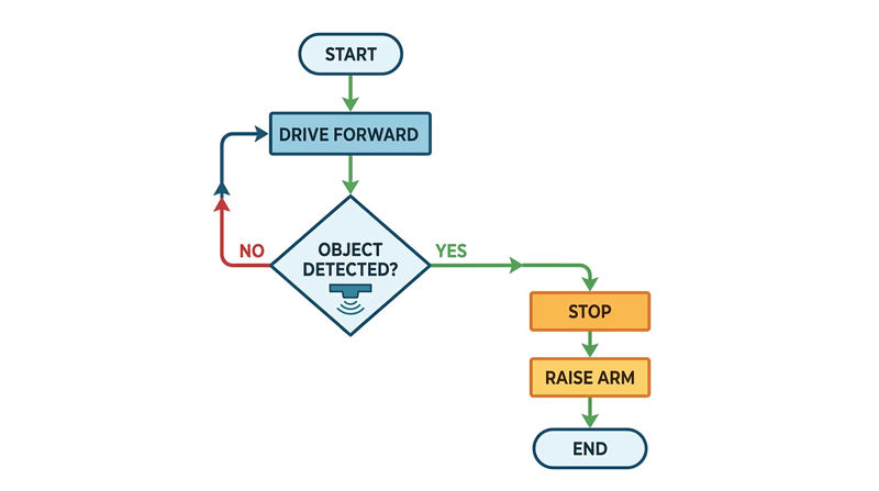 Flowchart showing a simple sensor-based robot program with action and decision branches