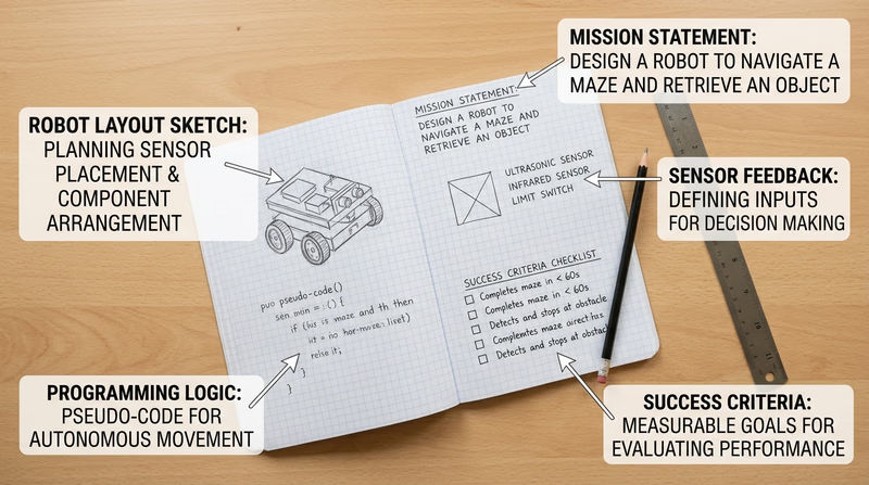 Open engineering notebook with robot mission statement, sensor notes, and success criteria