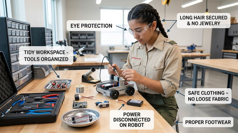 Scout at a robotics workbench with safety glasses, secured hair, and an organized tool layout