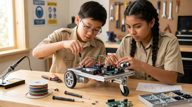 Half-built student robot on a bench showing frame, motors, battery, controller, and wiring