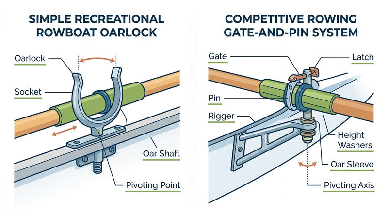 Side-by-side diagram comparing a recreational oarlock and a competitive gate-and-pin rowing setup