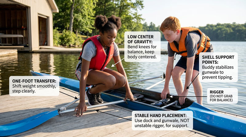 A Scout stepping carefully from a sliding-seat rowboat to a dock while a buddy stabilizes the shell
