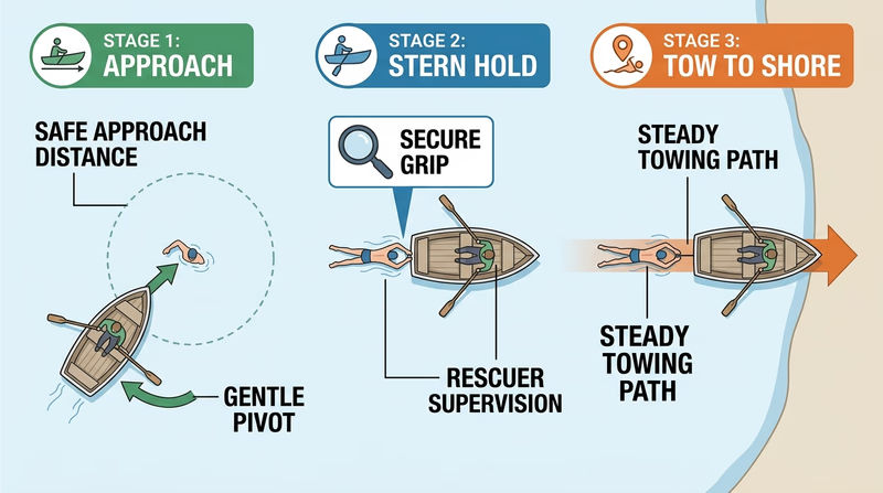 Top-down rescue diagram showing a rowboat pivoted so a swimmer holds the stern for a tow to shore