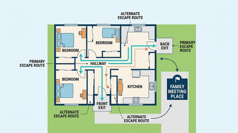 A simple home floor plan with two exits marked from bedrooms and a clear outdoor meeting place