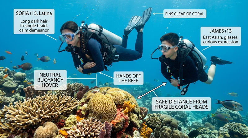 Diver hovering carefully above a coral reef without touching coral while small reef fish move around the scene