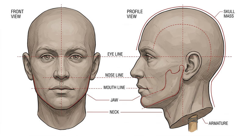 Front and side view of a clay head with major proportion lines marked for eyes, nose, mouth, jaw, and skull mass
