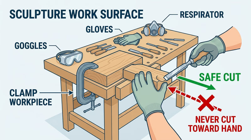 Carving tools laid out beside goggles, gloves, and a properly braced workpiece with arrows showing safe cutting direction