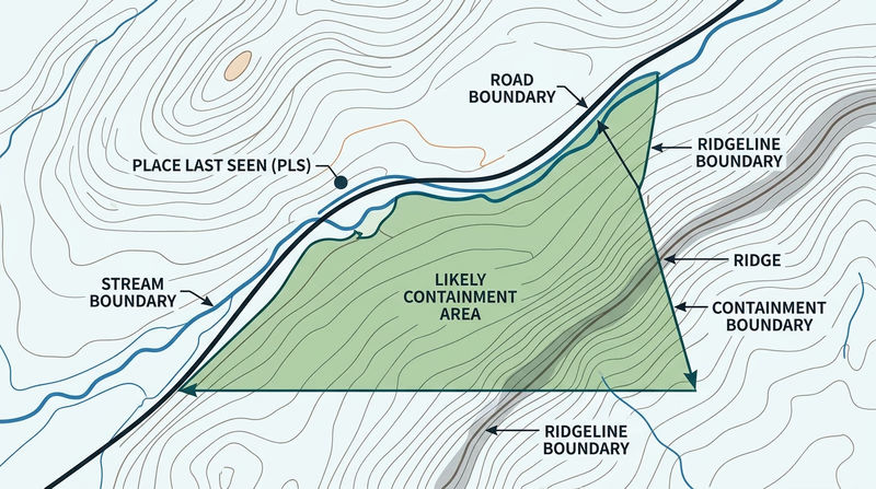 Topographic map with place last seen marked and likely containment boundaries highlighted along a road, stream, and ridgeline