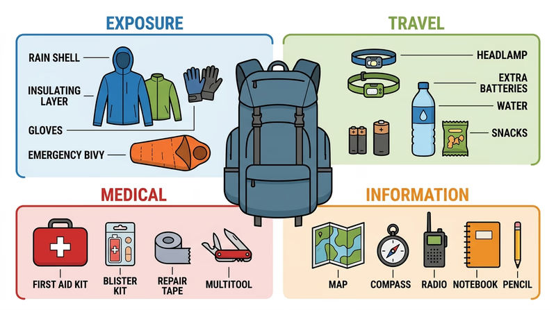 Search and rescue field pack with major safety gear laid out and labeled by hazard category