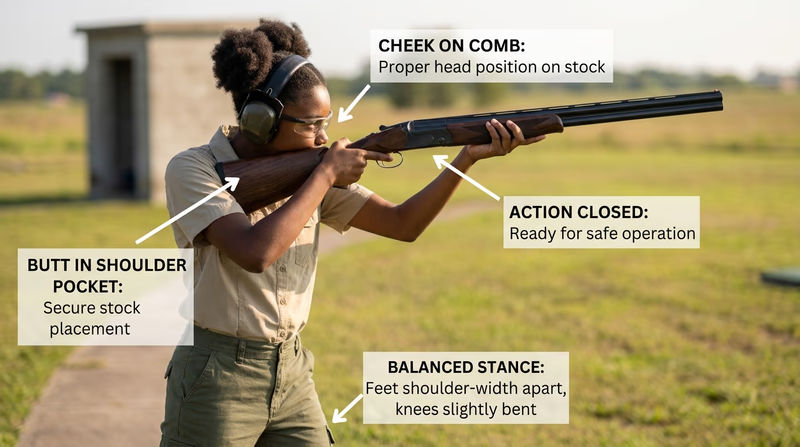Side view showing a correct shotgun mount with cheek contact and shoulder placement