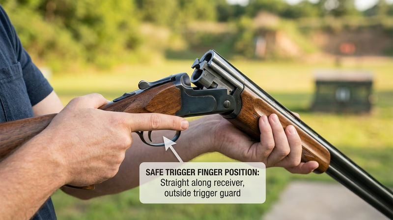 Close-up showing proper trigger finger placement outside the trigger guard on a shotgun