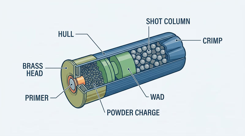 Cutaway diagram of a shotgun shell showing the hull, primer, powder, wad, shot, and crimp