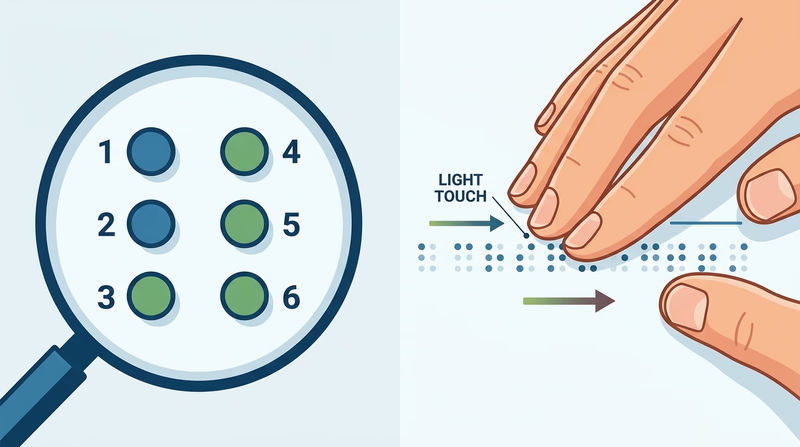 Instructional diagram showing the six numbered dot positions of a braille cell and fingertips moving lightly across a line of braille