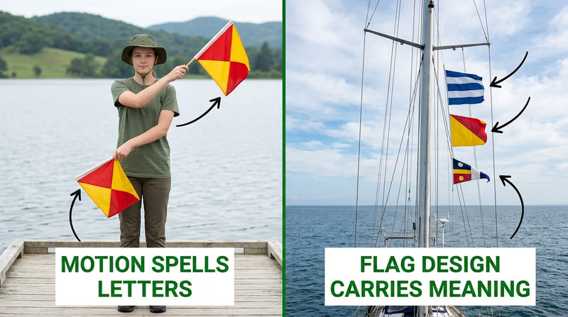 Split comparison showing a person signaling with semaphore flags on one side and nautical flags hoisted on a ship mast on the other