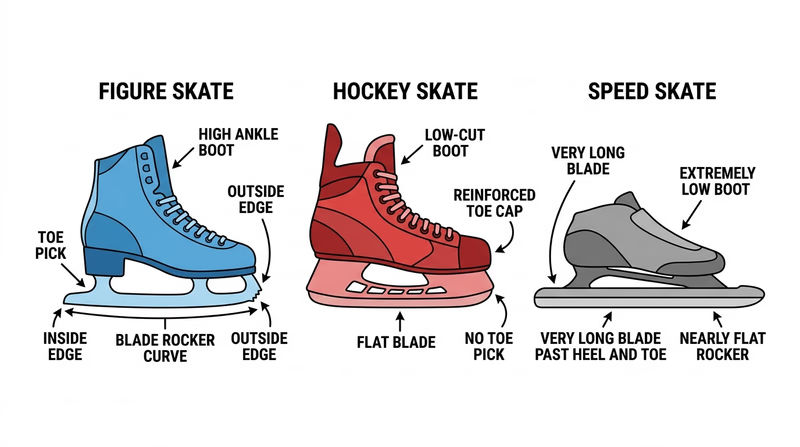 Side-by-side diagram of figure skate, hockey skate, and speed skate with labeled parts including blade, toe pick, rocker, and boot height