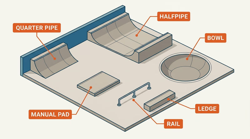 Isometric diagram of a skate park with six key features labeled: quarter pipe, halfpipe, bowl, manual pad, rail, and ledge