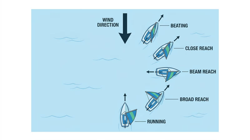 Top-down diagram of a sailboat showing beating, close reach, beam reach, broad reach, and running relative to wind direction