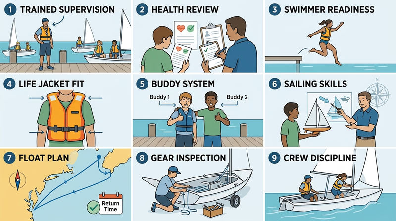 Nine-panel visual guide showing each Safety Afloat point in a small-boat sailing context