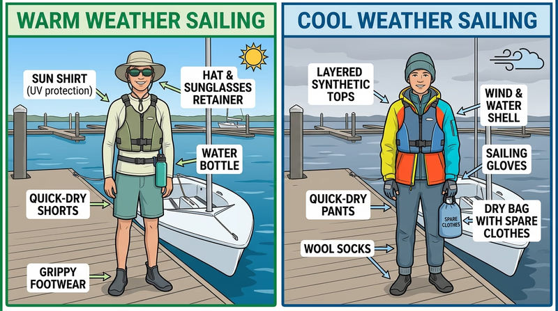 Side-by-side warm-weather and cool-weather sailing clothing and personal gear layout for a Scout sailor