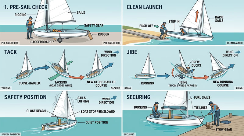 Multi-panel sequence showing pre-sail check, launch, tack, jibe, safety position, capsize recovery, and end-of-day securing steps