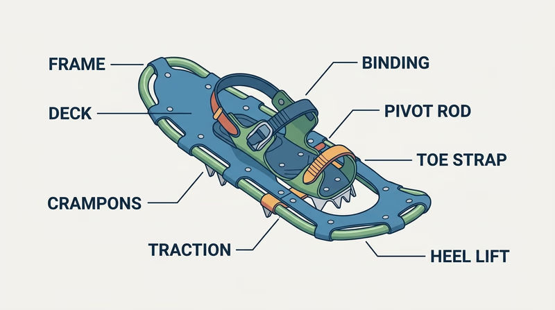 Labeled snowshoe diagram showing frame, deck, binding, pivot point, crampons, heel lift, and toe strap