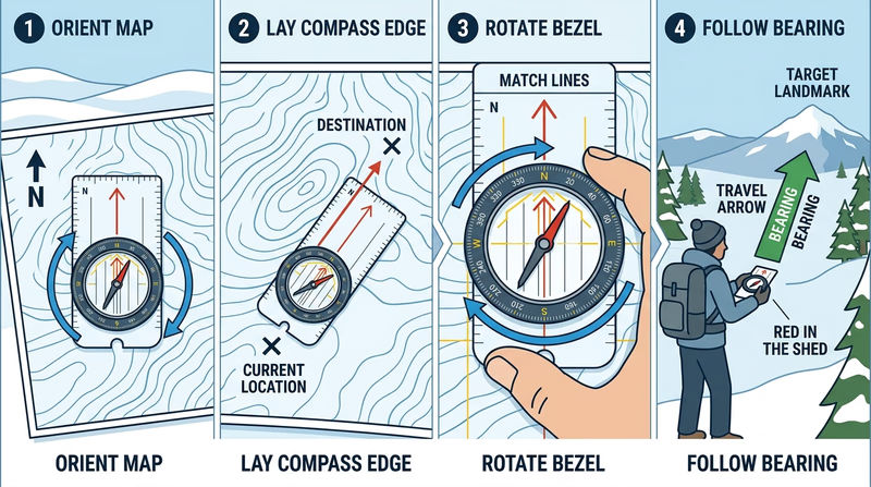 Step-by-step map and compass diagram showing orienting a topo map, lining up a compass edge, rotating the bezel to north, and following a bearing to a landmark