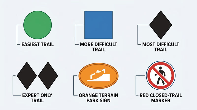 Guide to ski trail symbols showing green circle, blue square, black diamond, double black diamond, terrain park sign, and closed trail marker side by side