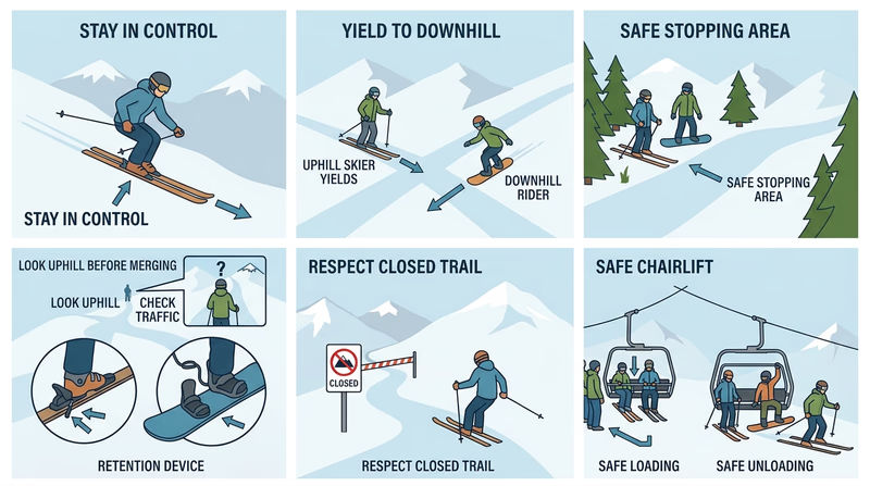 Diagram showing the seven points of Your Responsibility Code with simple mountain-scene icons for control, right of way, safe stopping, yielding when merging, safety devices, signs and closures, and lift use