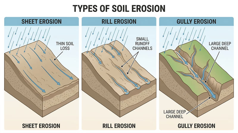 Side-by-side comparison of sheet erosion, rill erosion, and gully erosion on a slope