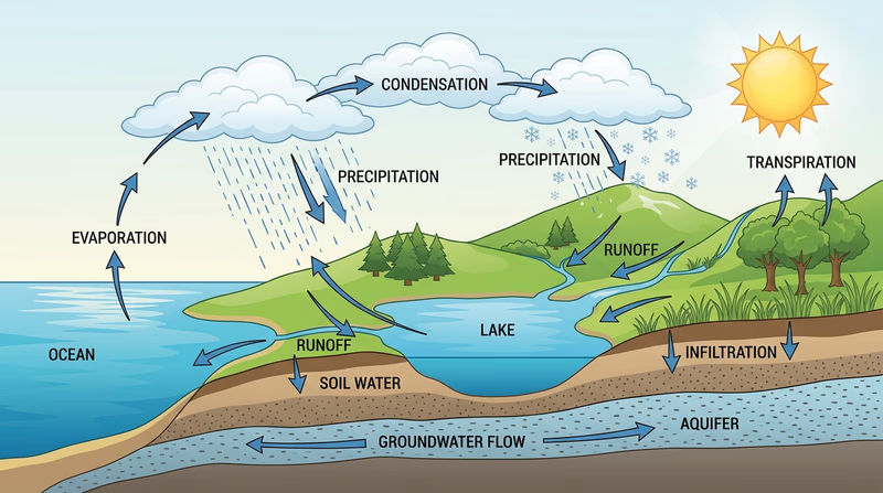 Labeled hydrologic cycle showing evaporation, condensation, precipitation, transpiration, runoff, infiltration, and groundwater flow