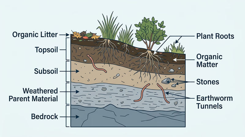 Side view of a soil profile showing topsoil, subsoil, parent material, roots, and organic matter