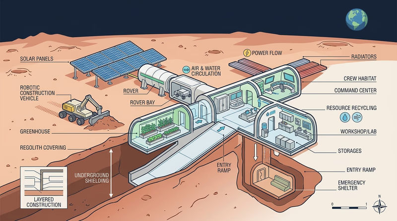 Cutaway diagram of an off-world space base showing habitat modules, power systems, life support, and robotic construction equipment