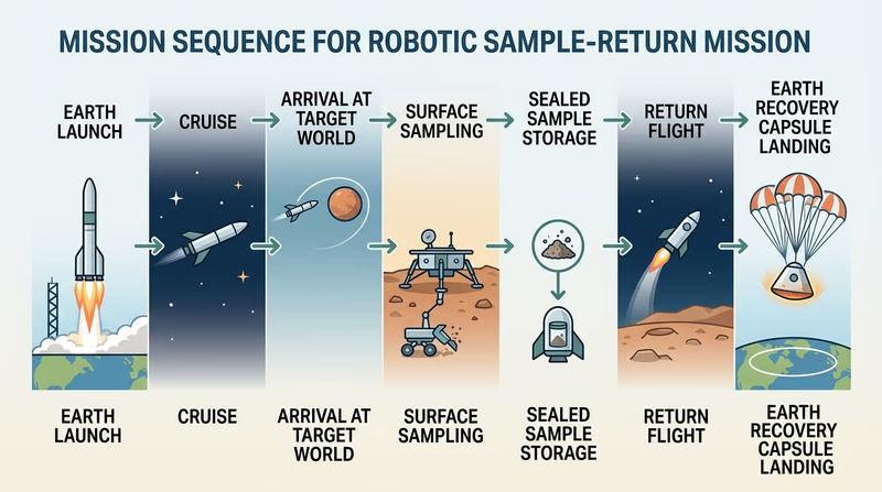 Diagram showing the stages of a robotic sample-return mission from launch to Earth recovery