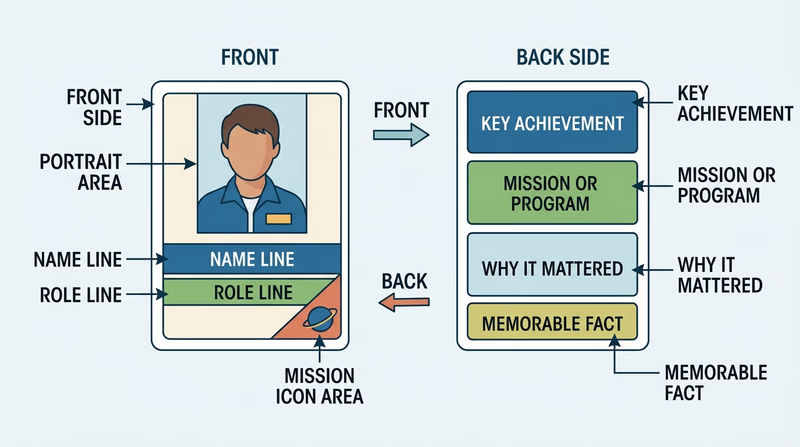 Diagram showing the front and back layout of a space pioneer collector card