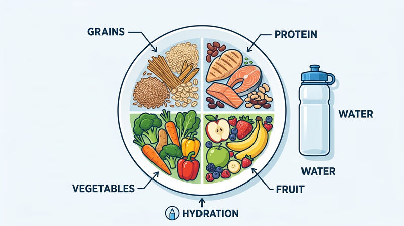 Plate showing balanced athlete meal with grains, lean protein, vegetables, fruit, and water bottle