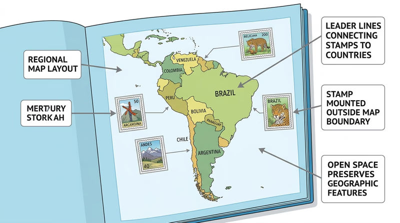 Album page mockup showing a readable regional map with stamps mounted beside labeled countries and uncluttered geographic space preserved