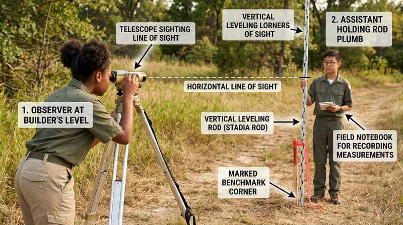 Scout sighting through a level while another Scout holds a rod upright on a marked corner