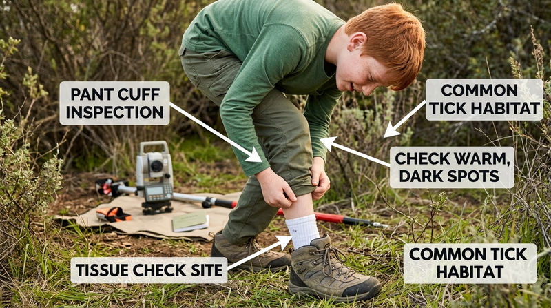 Scout checking socks and pant legs for ticks after brushy fieldwork with survey gear nearby