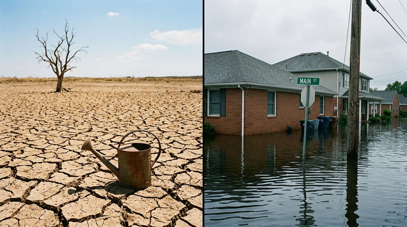 A split image showing a dried, cracked lakebed on one side and a flooded neighborhood street on the other, illustrating the extremes of too little and too much water