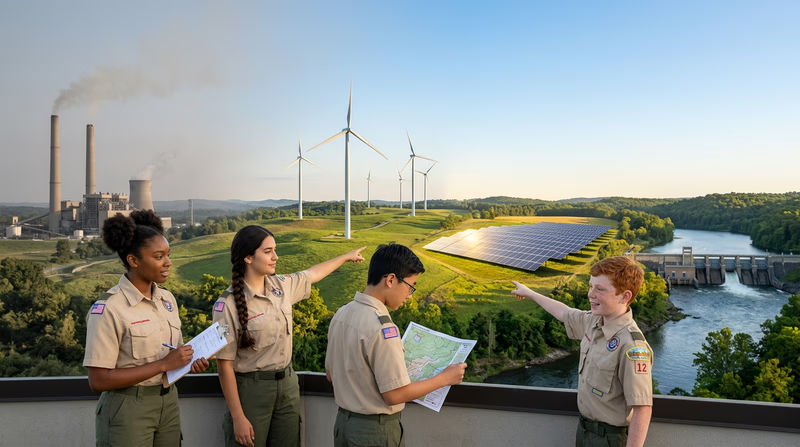An illustrated comparison showing different energy sources side by side — a coal plant, wind turbines, solar panels, and a hydroelectric dam — with the sky transitioning from smoky to clear