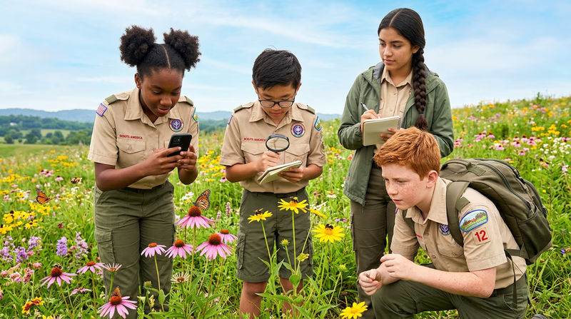 Scouts participating in a citizen science activity outdoors, photographing plants with smartphones and recording observations in notebooks, in a meadow with wildflowers