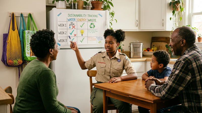 A family gathered around a kitchen table reviewing a colorful sustainability tracking chart posted on the refrigerator, with reusable bags and a compost bin visible