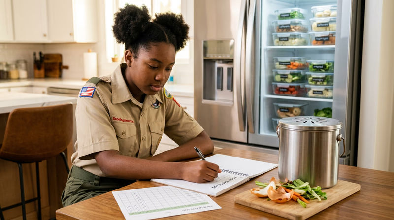 A Scout at a kitchen table logging food waste in a notebook, with a small compost bin and organized refrigerator visible in the background