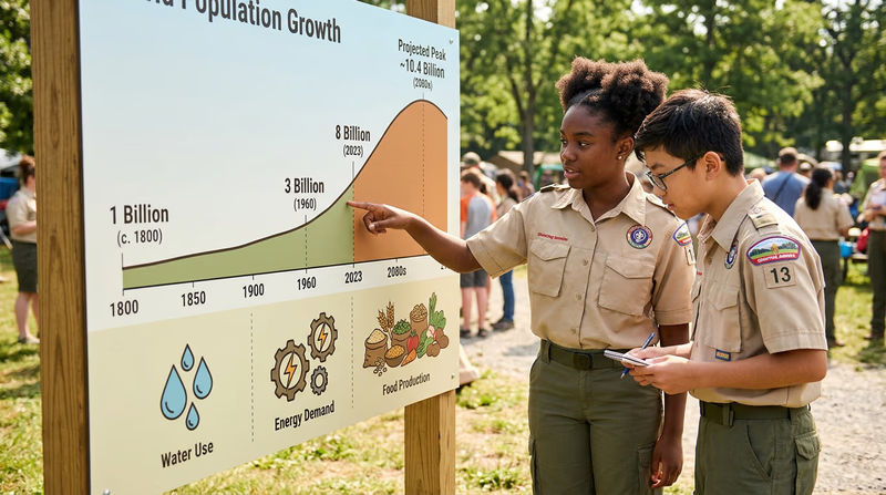 An illustrated timeline showing world population growth from 1800 to projected 2100, with icons representing key milestones and resource consumption alongside