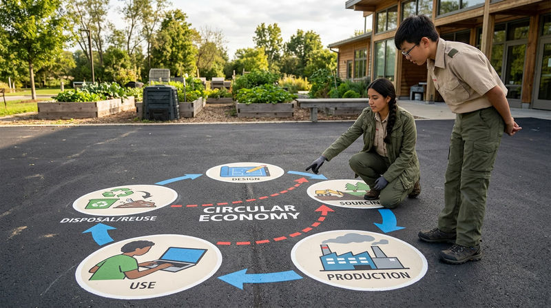 A circular diagram showing the five stages of a product life cycle — Design, Sourcing, Production, Use, Disposal/Reuse — with icons for each stage and arrows connecting them in a loop