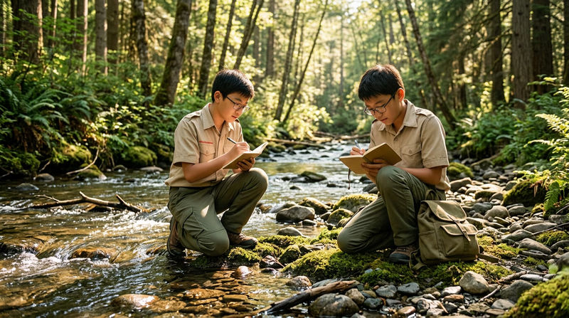 A Scout kneeling beside a stream in a forest, writing observations in a notebook, with sunlight filtering through the trees