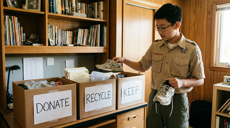 A Scout sorting personal items into labeled boxes — Donate, Recycle, Keep — in a tidy bedroom with a shelf and closet visible