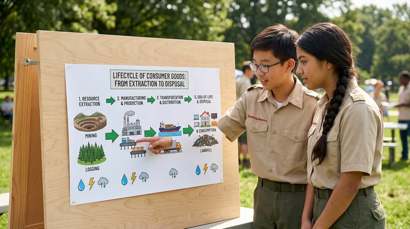 An illustrated infographic showing the lifecycle of consumer goods — from resource extraction through manufacturing, shipping, use, and disposal in a landfill